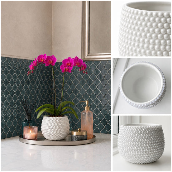 A collage showing a white textured ceramic planter in a bathroom setting, with close-up inset views of the planter's exterior and interior details.