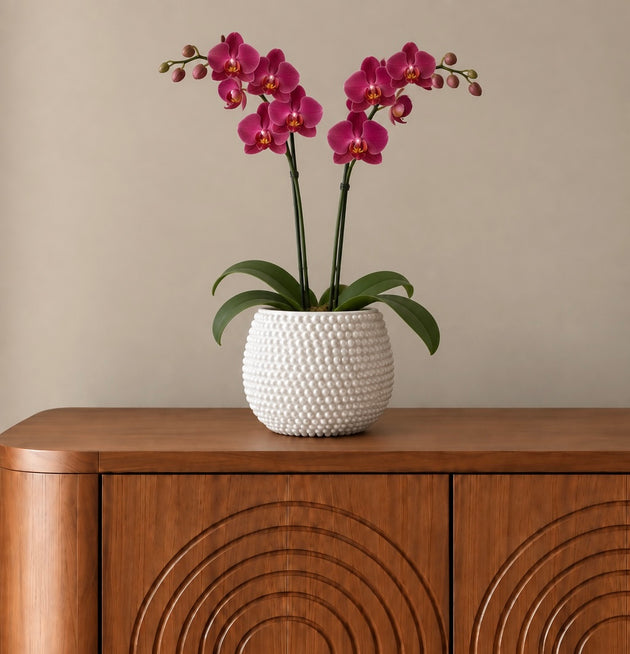 A potted artificial Phalaenopsis orchid with vibrant magenta flowers and green leaves, displayed in a textured white ceramic pot on a wooden credenza against a neutral beige wall.