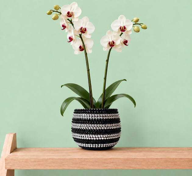 A potted artificial white orchid with green leaves and stems, set in a black and silver ceramic plant pot decorated with black and silver crystals, resting on a light wood shelf against a solid mint green background.